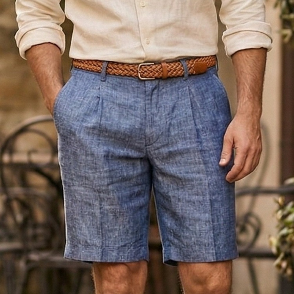 Jos A Bank Mens Linen Shorts Size 42 Blue Pleated Reserve Bermuda‎ Golf Casual